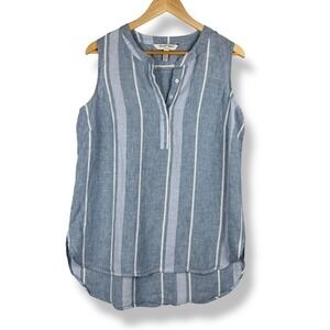 Ellen Tracy Top 100% Linen Womens Size Large Blue Stripe Sleeveless Coastal Chic